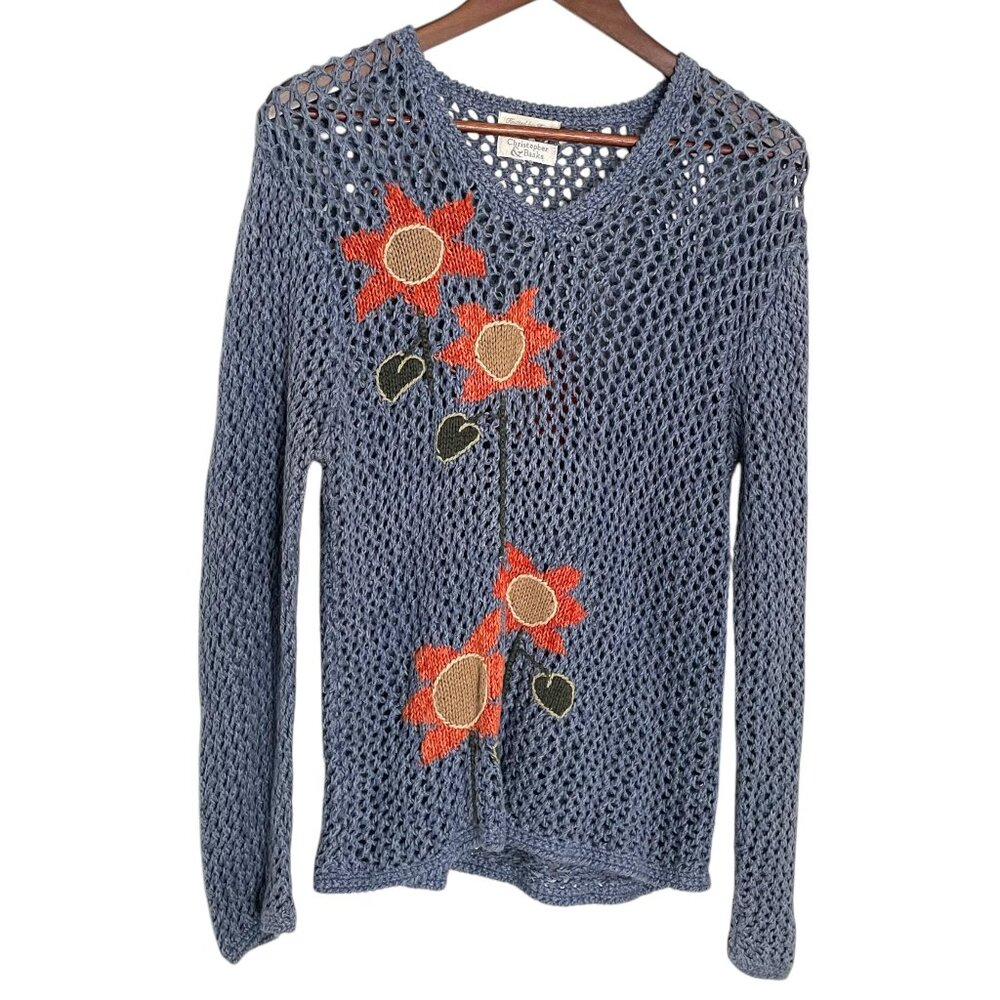Vintage Y2K Crochet Knit Sunflower Sweater Medium Pullover Granola Girl Gorpcore
